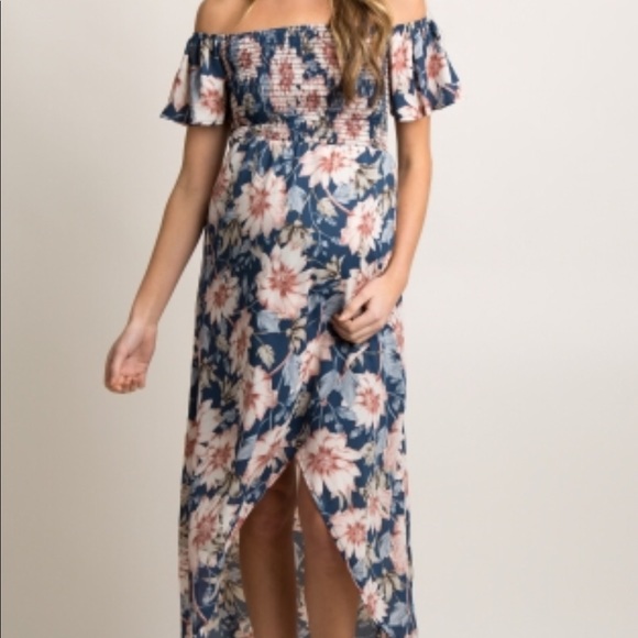 Pinkblush Dresses & Skirts - Pinkblush blue floral off-shoulder maternity dress